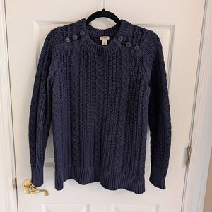 LL Bean navy blue cable knit sweater with button detail, size S